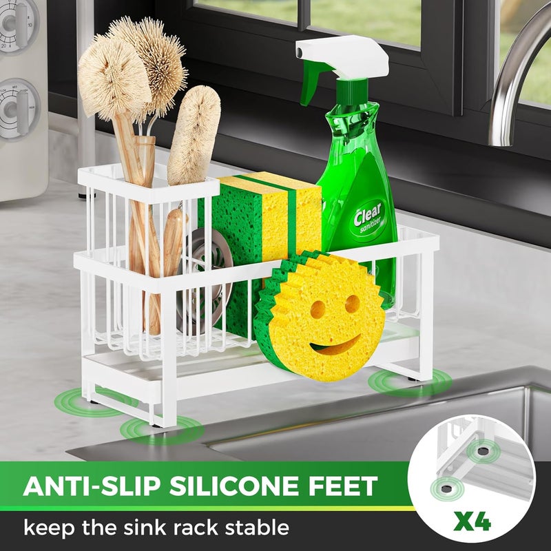 Taugast Sponge Holder for Kitchen Sink,Sink Caddy with Removable Dish Brush Holder,Self-Draining Kitchen Countertop Organizers and Storage Essentials,Soap Dispenser Organize and Home Decor-White - Image 3